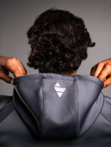 Grey AFLETE Tech Series tracksuit 005, hood logo close up