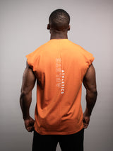 Model wearing the orange AFLETE workout tank top 014, tank top back view