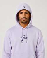 Model wearing the mauve AFLETE Urban hoodie 016, hood up front view