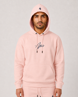 Model wearing the salmon AFLETE Urban hoodie 016, hood up front view