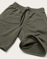 Olive Green AFLETE Core cotton shorts 018, flat lay and interior detail