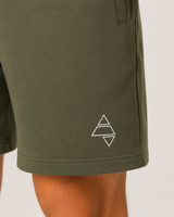 Olive Green AFLETE Core cotton shorts 018, thigh logo close up
