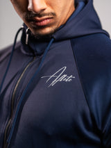 Midnight Blue AFLETE Tech Series tracksuit 005, jacket chest logo close up