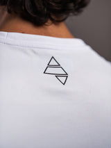 White AFLETE short-sleeve workout set 007, shorts side wordmark close up
