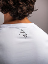 White AFLETE long-sleeve gym shirt 008, back neck logo close up