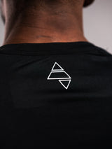 Black AFLETE short-sleeve gym shirt 009, back neck logo close up