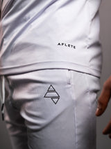 White AFLETE short-sleeve gym shirt 009, back neck logo close up