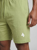 Olive Green AFLETE Essential Urban shorts 012, logo and waistband close up