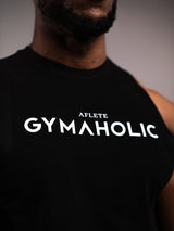 Black AFLETE GYMAHOLIC gym tank top 013, gymaholic chest print close up