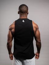 Model wearing the black AFLETE GYMAHOLIC gym tank top 013, tank top back view