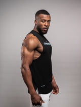 Model wearing the black AFLETE GYMAHOLIC gym tank top 013, tank top side view
