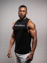 Model wearing the black AFLETE GYMAHOLIC gym tank top 013, tank top three quarter view
