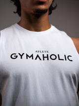 White AFLETE GYMAHOLIC gym tank top 013, gymaholic chest print close up