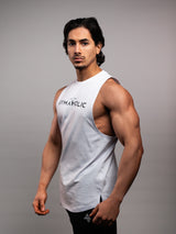 Model wearing the white AFLETE GYMAHOLIC gym tank top 013, tank top back view