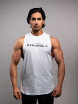 Model wearing the white AFLETE GYMAHOLIC gym tank top 013, tank top front view