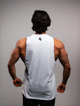 Model wearing the white AFLETE GYMAHOLIC gym tank top 013, tank top side view