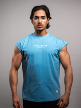 Model wearing the bleu AFLETE workout tank top 014, tank top front view