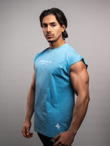 Model wearing the bleu AFLETE workout tank top 014, tank top three quarter view