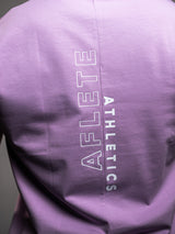 Purple AFLETE workout tank top 014, back wordmark close up