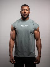 Model wearing the sage grey AFLETE workout tank top 014, tank top front view