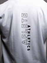 White AFLETE workout tank top 014, chest logo close up