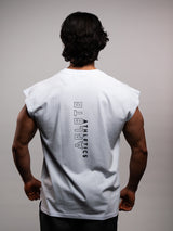 Model wearing the white AFLETE workout tank top 014, tank top back view