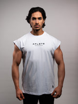 Model wearing the white AFLETE workout tank top 014, tank top front view