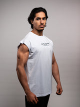 Model wearing the white AFLETE workout tank top 014, tank top three quarter view