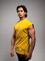 Model wearing the yellow AFLETE workout tank top 014, tank top side view