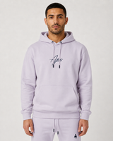 Model wearing the mauve AFLETE Urban hoodie 016, hoodie front view
