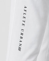 White AFLETE Urban joggers 017, thigh logo close up
